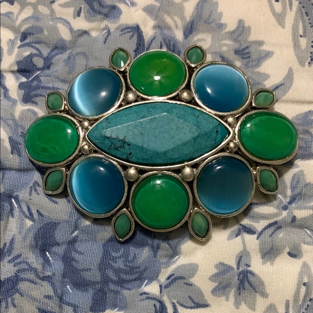 Liz Claiborne Silver Brooch Pin with Blue and Green Stones